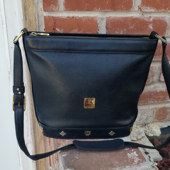 Vintage MCM Black Leather Bucket Bag Germany Classic Designer Luxury Y2K